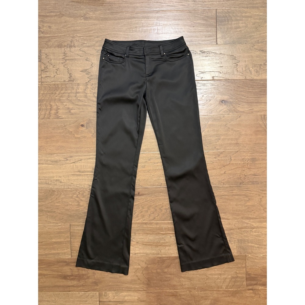 Cache Flare Pants Women 4 Black Satin Finish Stretch Mid Rise Dress Trousers